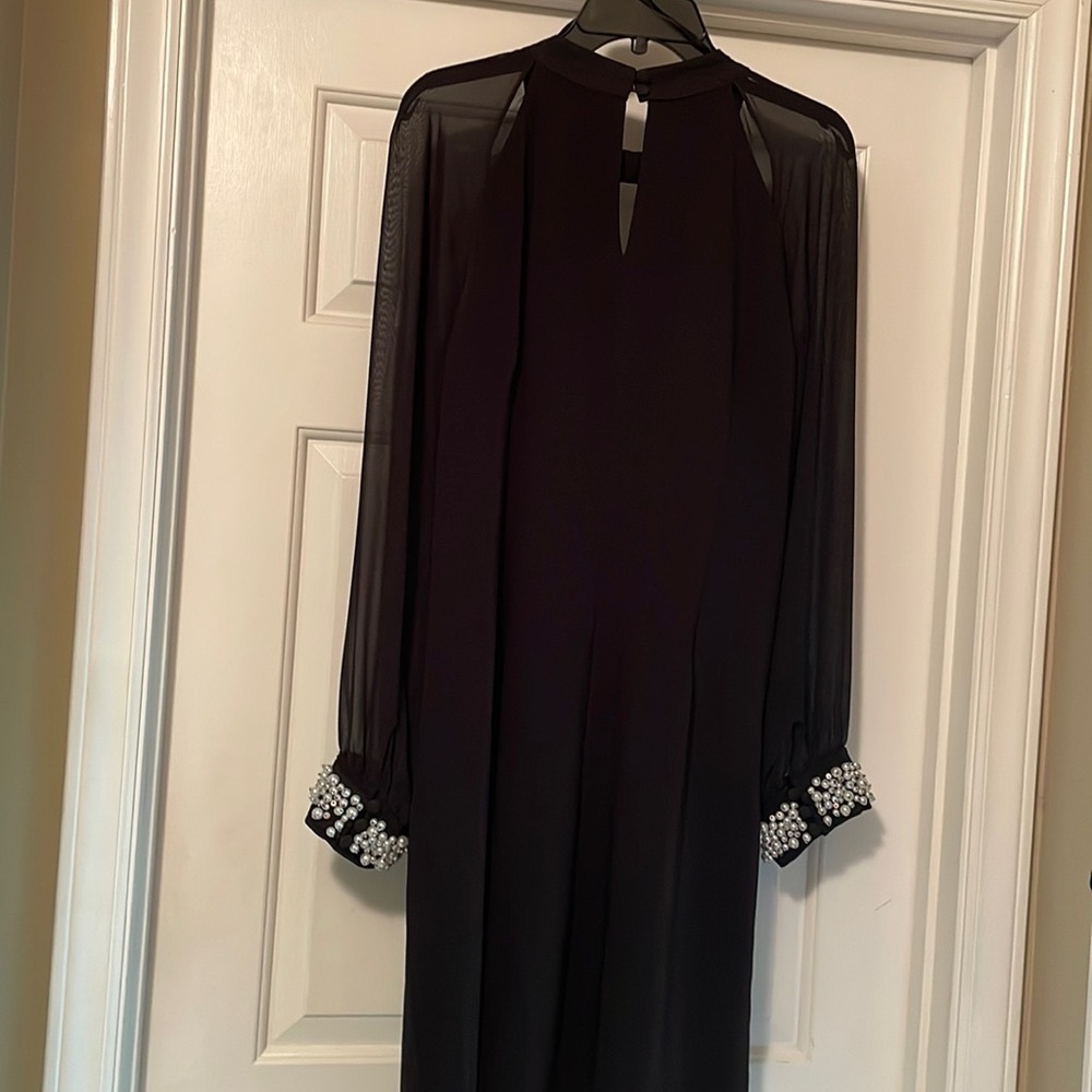 Cocktail Party, Wedding Guest Dress. Pearl Cuffs. Knee length. Sheer Sleeves